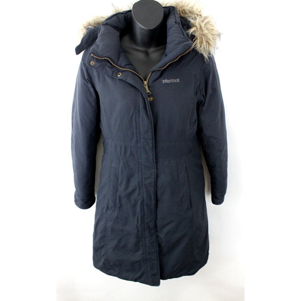 Marmot Women Jacket Chelsea 650 Fill Parka Down  Hooded Faux Fur Blue Sz XS